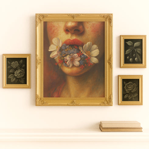 Renaissance style fine art print featuring a woman's lower face with parted coral lips from which delicate white cosmos flowers and botanical elements emerge, painted in warm amber and golden tones with classical oil painting technique, perfect for dark academia gothic home decor and vintage botanical wall art collections.